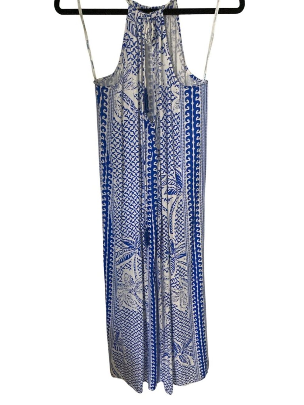 Blue Island Long Blue White Beach Dress with Beaded Tassels Medium Nwt